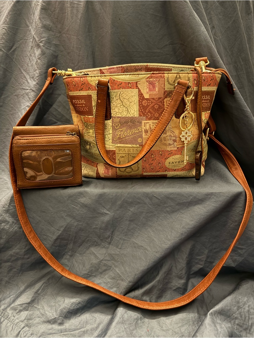 Fossil Leather Patchwork Canvas Shoulder Bag in Brown and Red